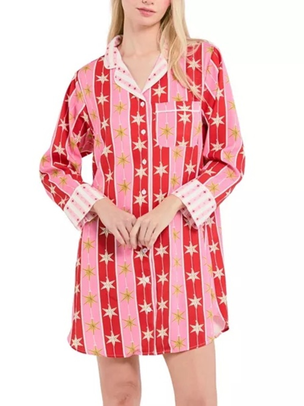 Katie Kime Holiday Women’s Red & Pink Star-Print Button-Front Nightshirt